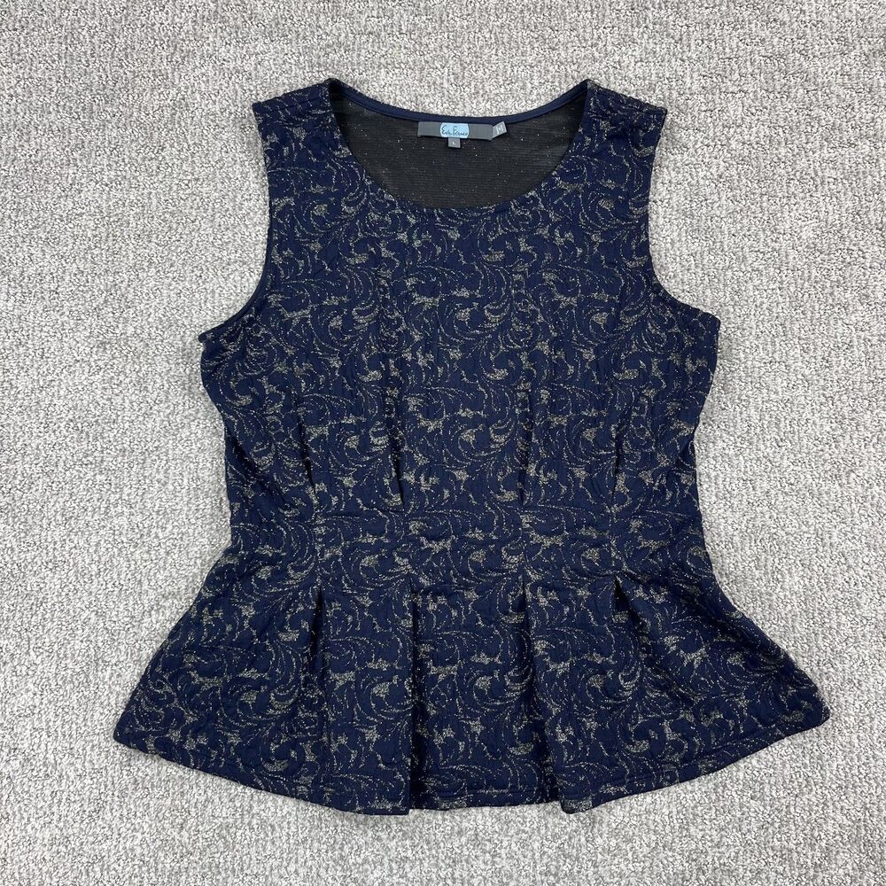 Eva Franco Top Womens Large Blue Metallic Floral Peplum Blouse Party Capsule USA
